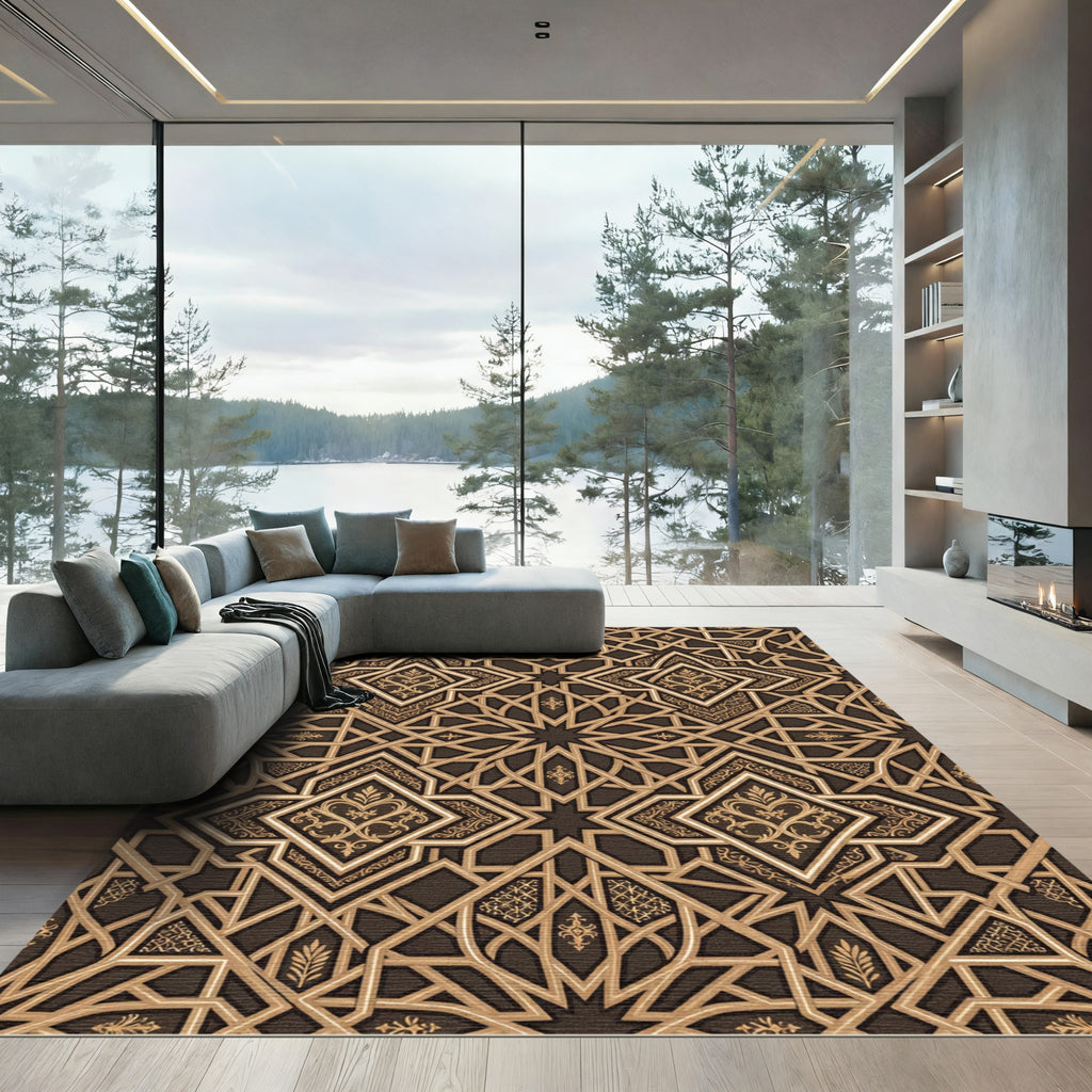 Elegant Bronze Geometric Starry Filigree Rug