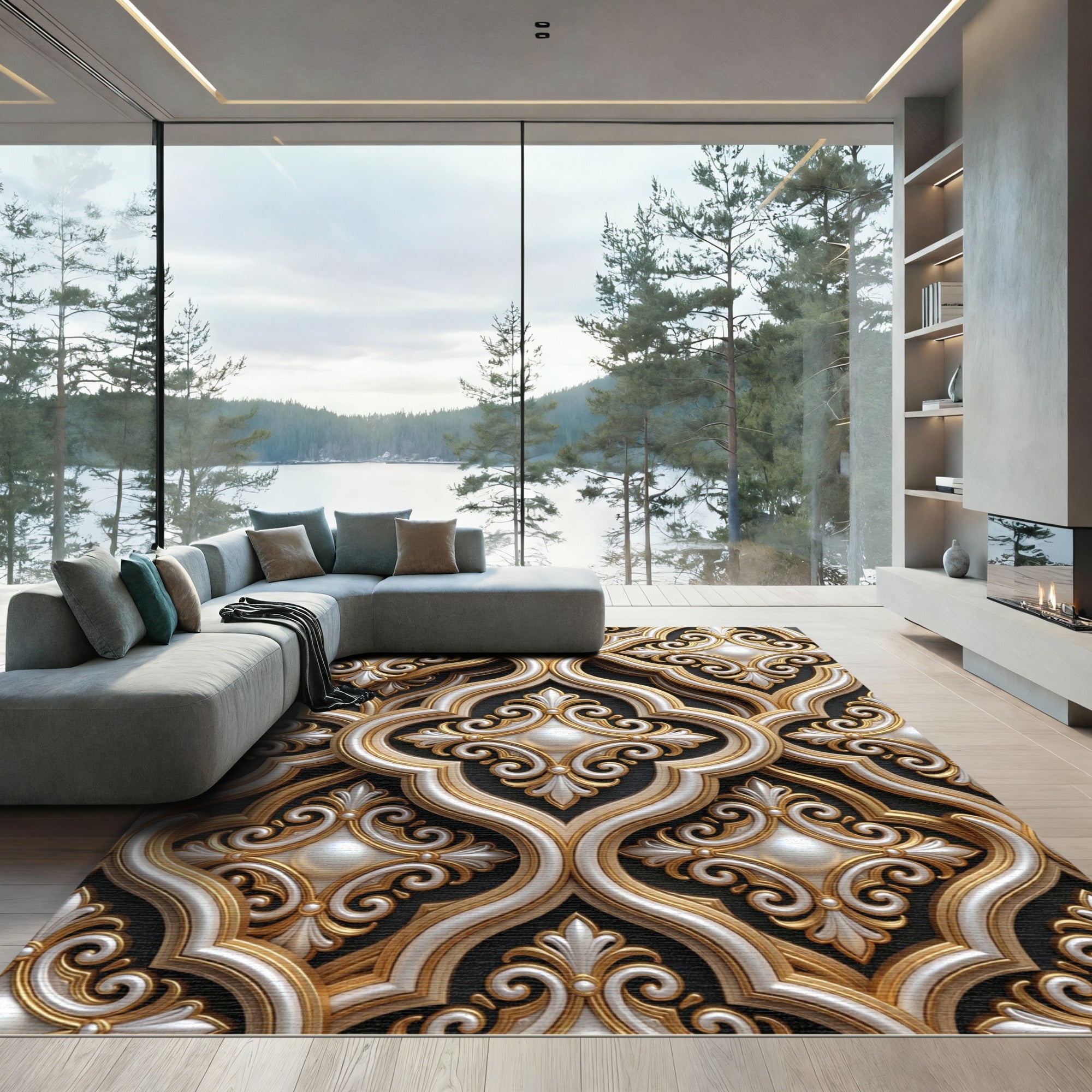 Ornate Gold and Pearl Damask Medallion Rug