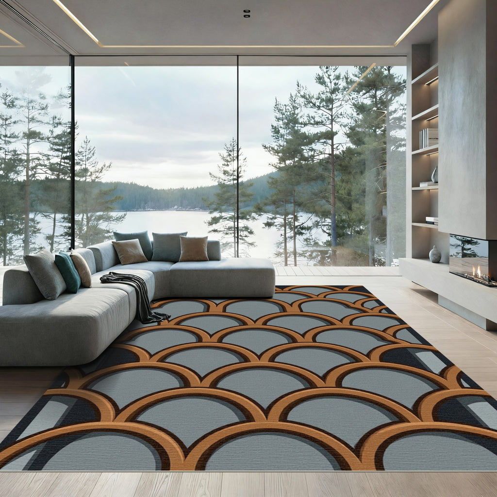 Geometric Copper Arches on Slate Gray Rug