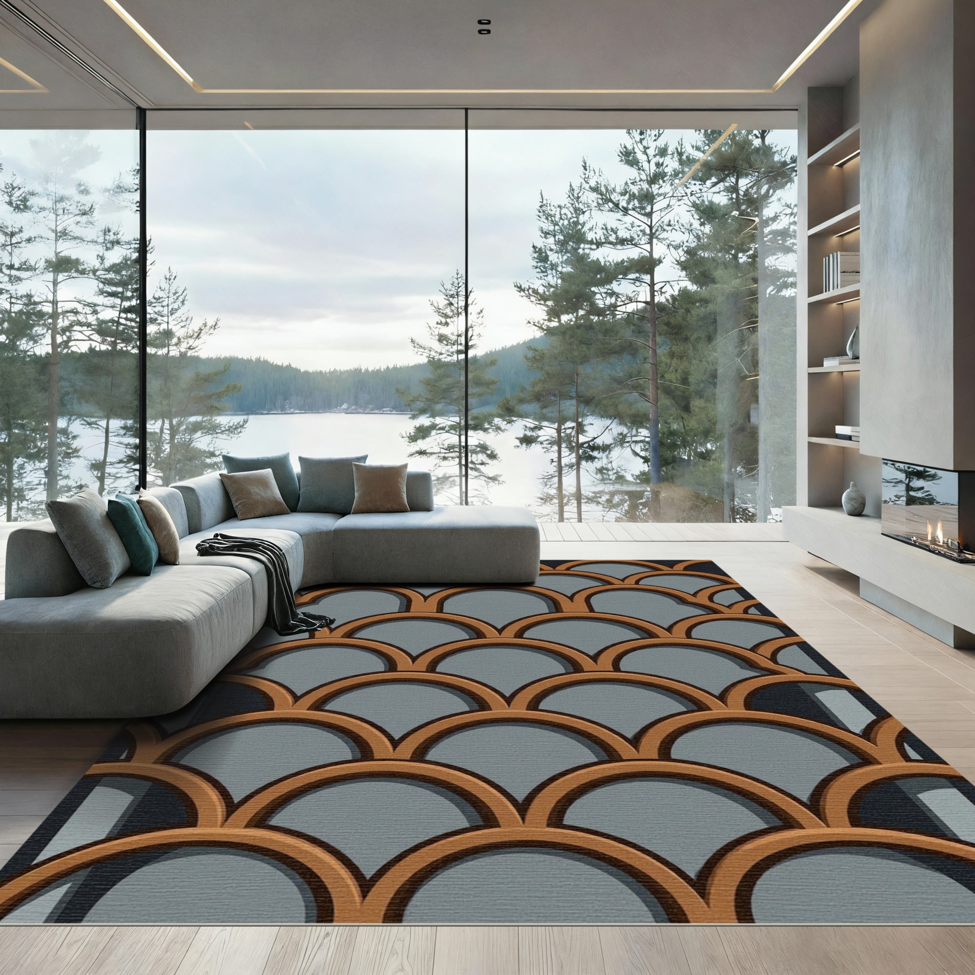 Geometric Copper Arches on Slate Gray Rug