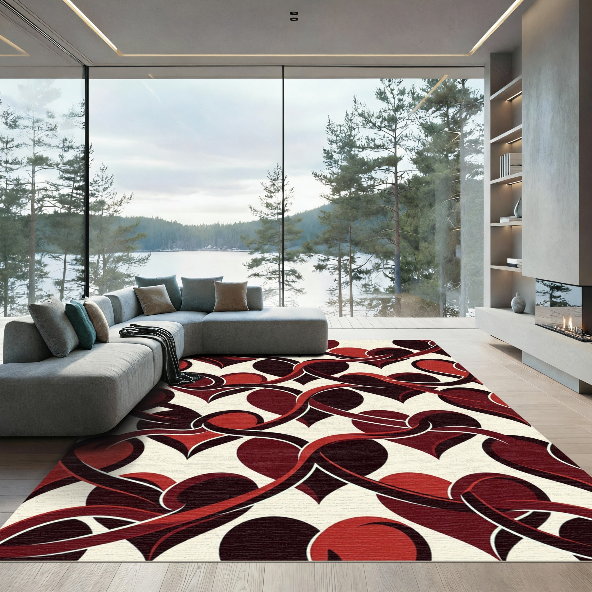 Interlocking Crimson Hearts Abstract Rug