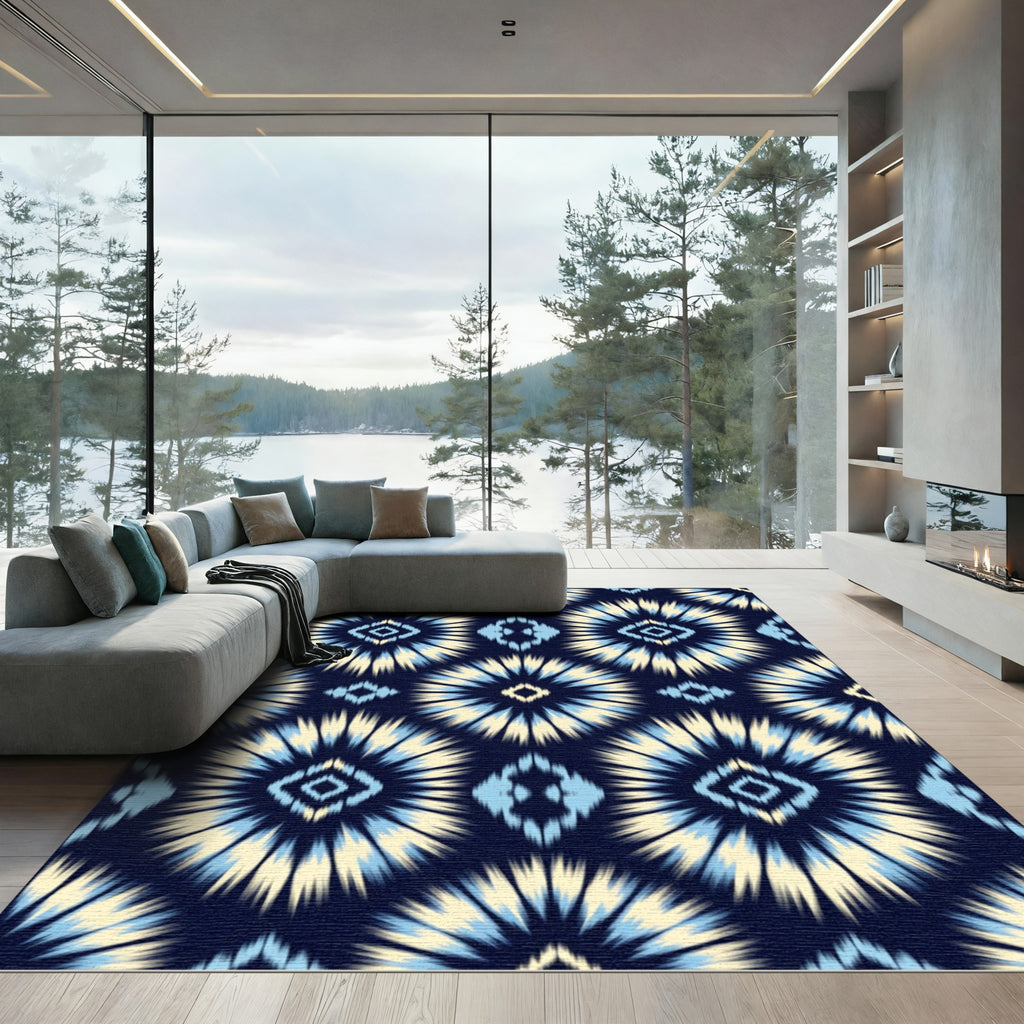 Navy Blue Cream Sky Diamond Burst Rug