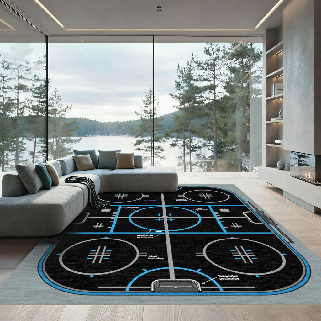 Modern Blue Black Hockey Rink Rug