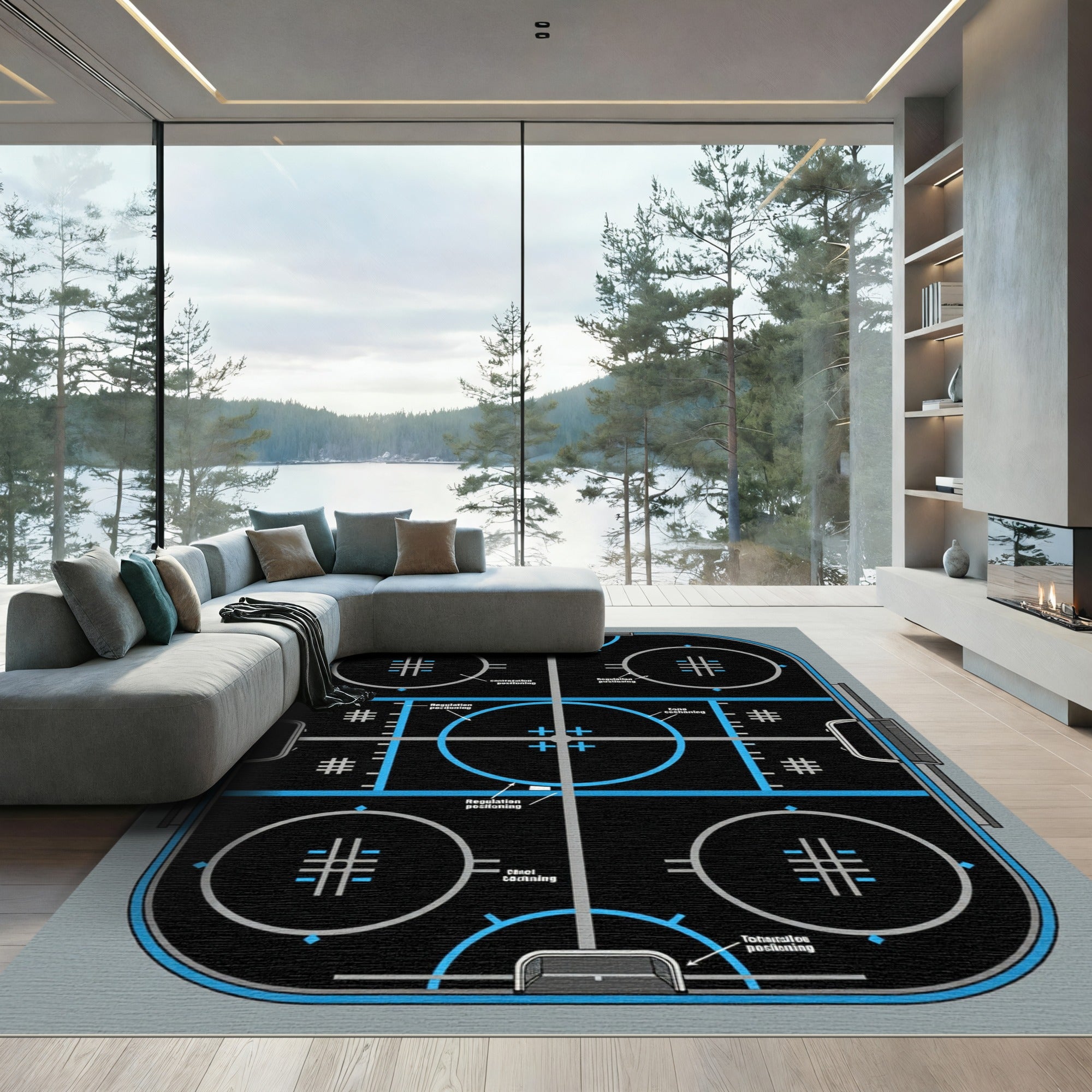 Modern Blue Black Hockey Rink Rug