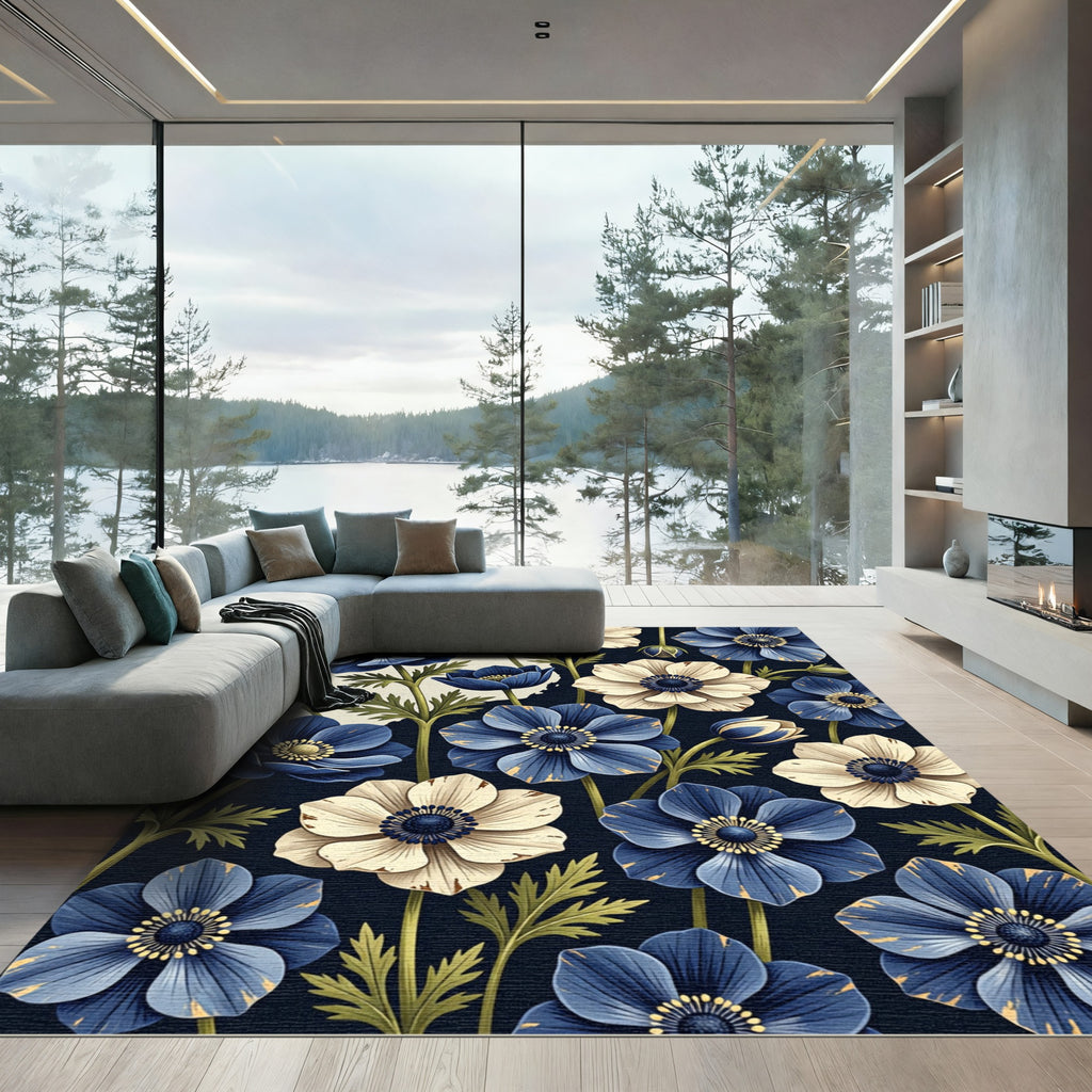 Elegant Navy and Cream Floral Anemone Rug