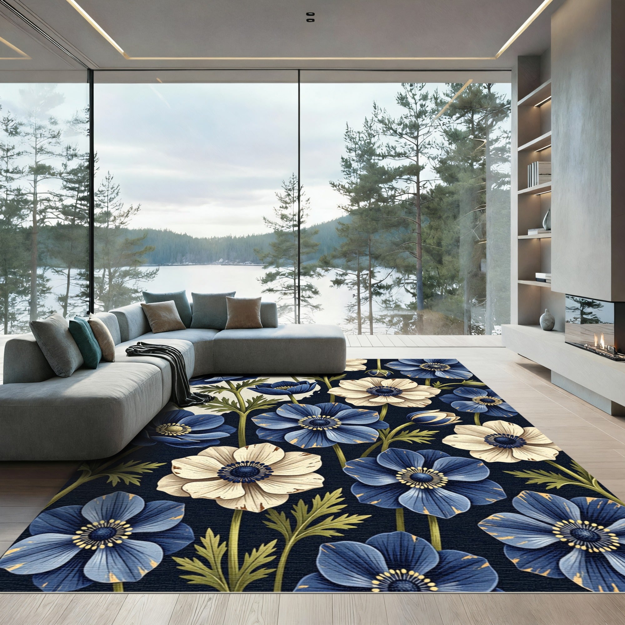Elegant Navy and Cream Floral Anemone Rug
