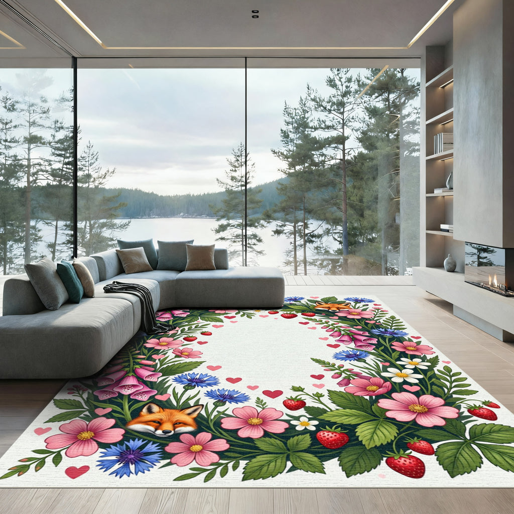 Whimsical Fox Floral Garden Heart Frame Rug