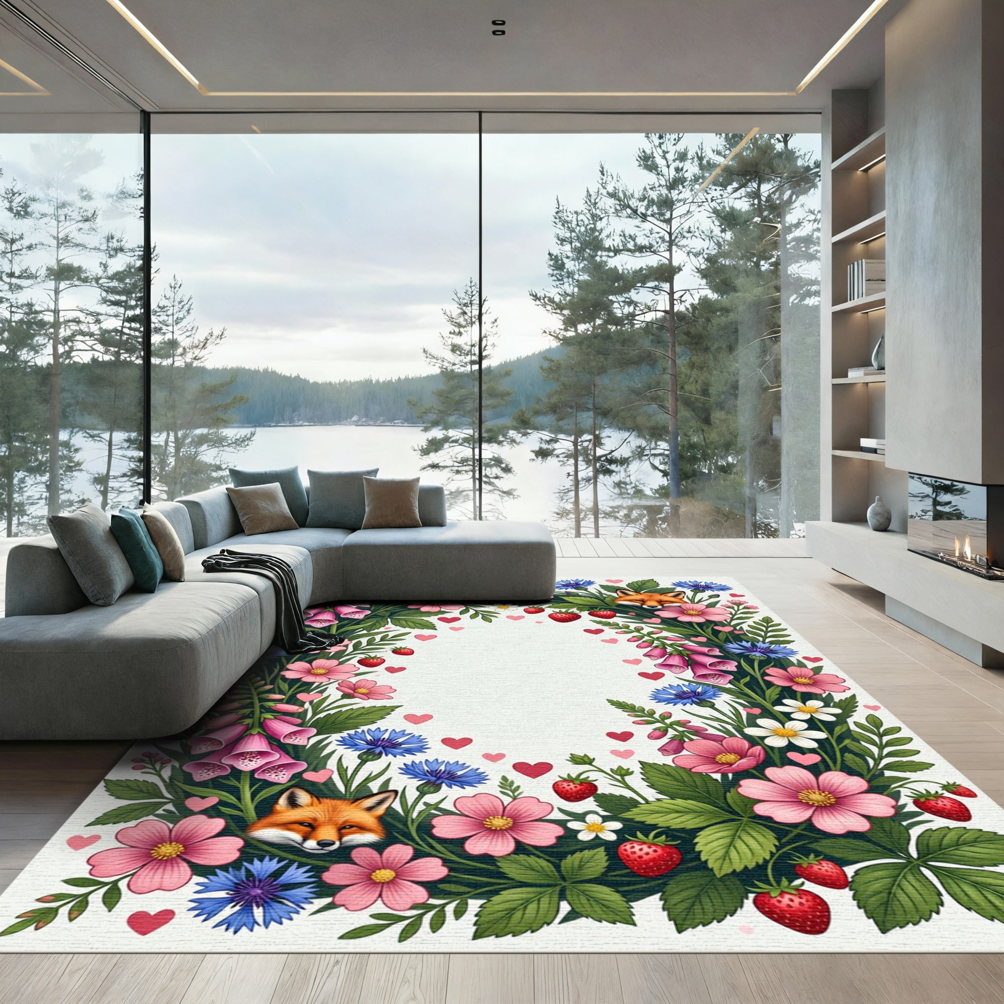 Whimsical Fox Floral Garden Heart Frame Rug