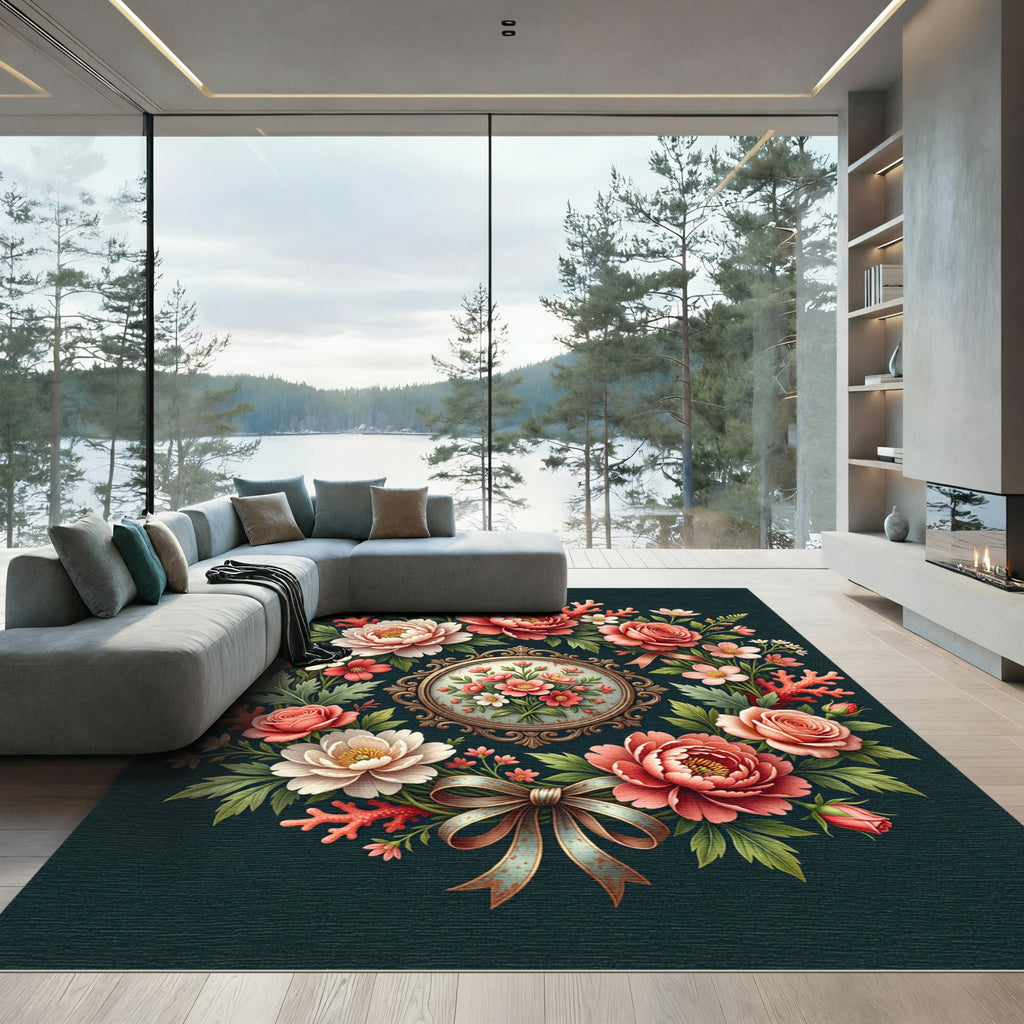 Elegant Floral Bouquet Coral Wreath Rug