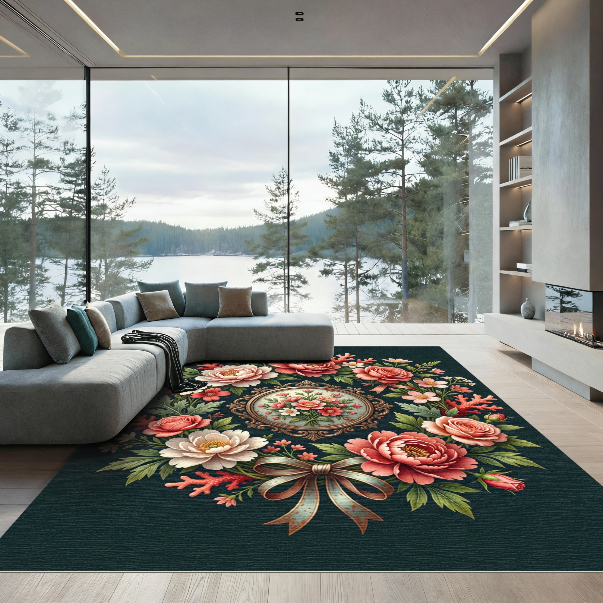 Elegant Floral Bouquet Coral Wreath Rug