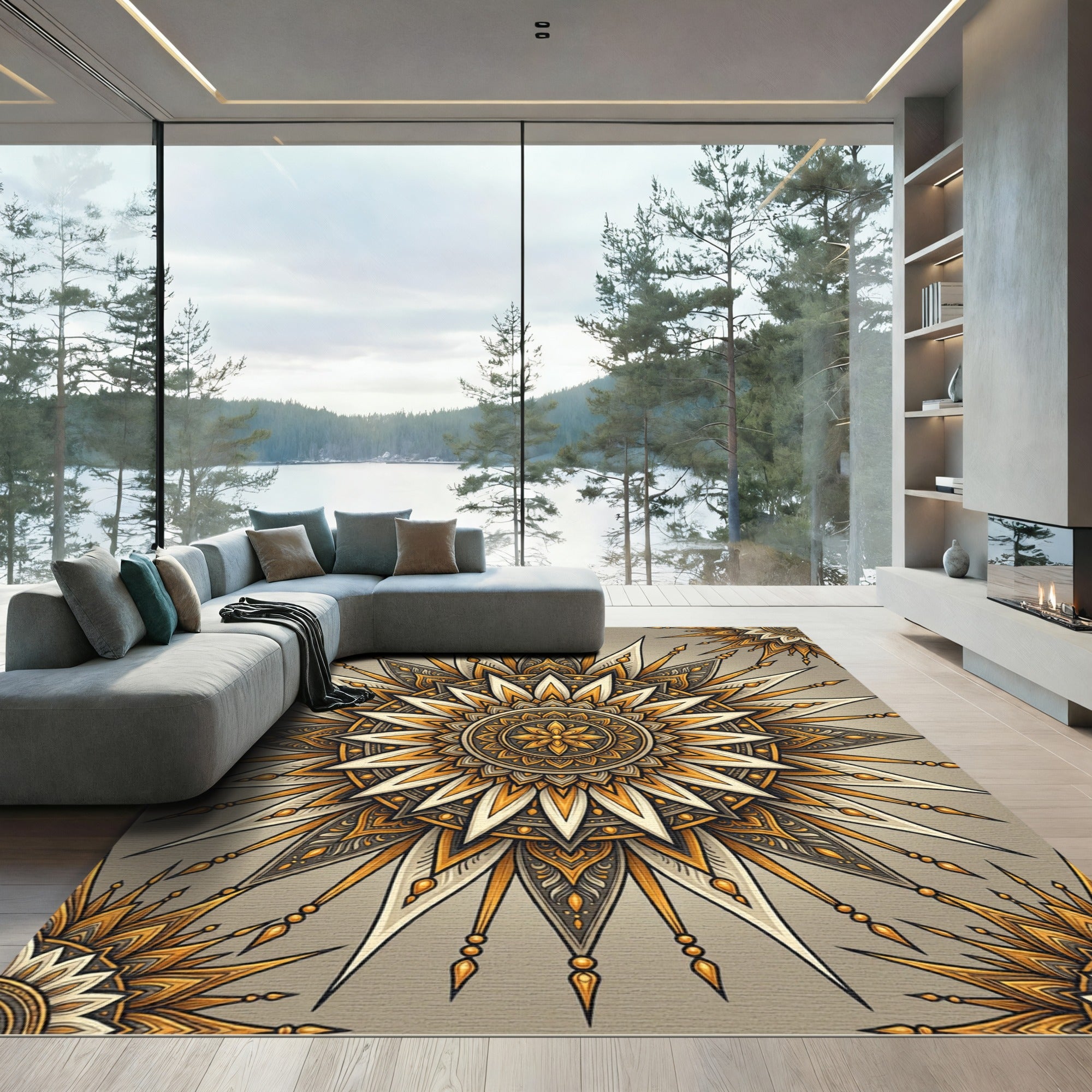 Intricate Sunburst Mandala Ochre Rug