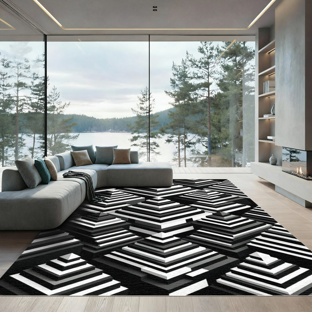 Monochrome Geometric Pyramid Step Art Rug