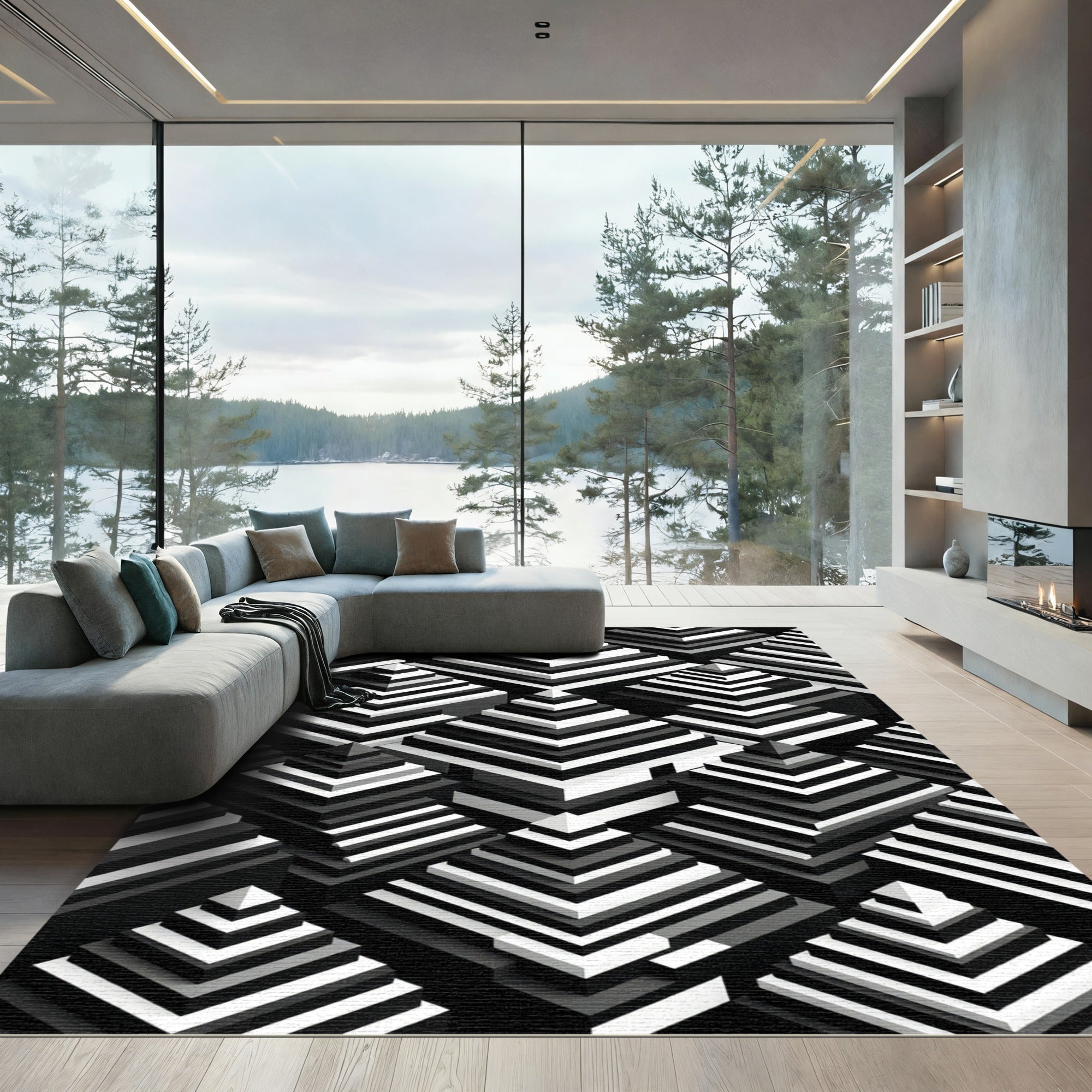 Monochrome Geometric Pyramid Step Art Rug