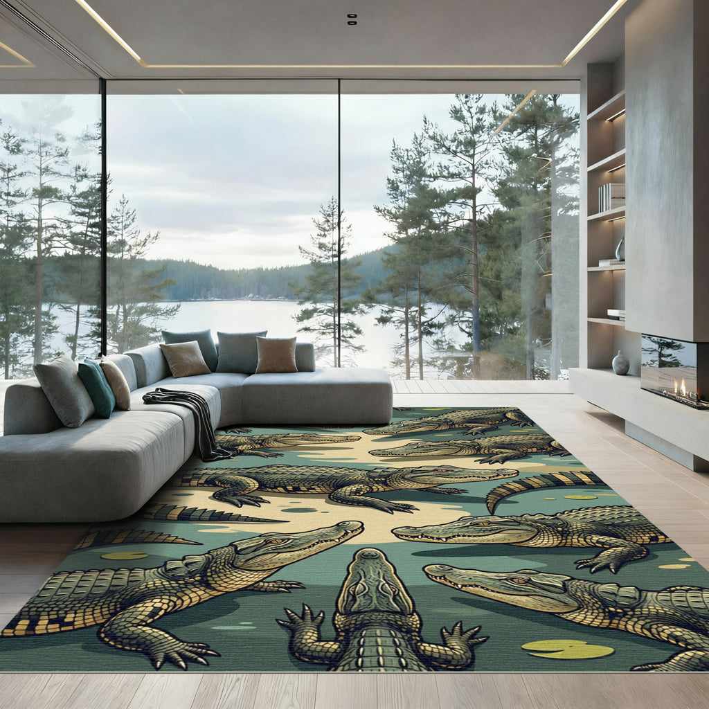 Reptilian Swamp Green Alligator Assemblage Rug
