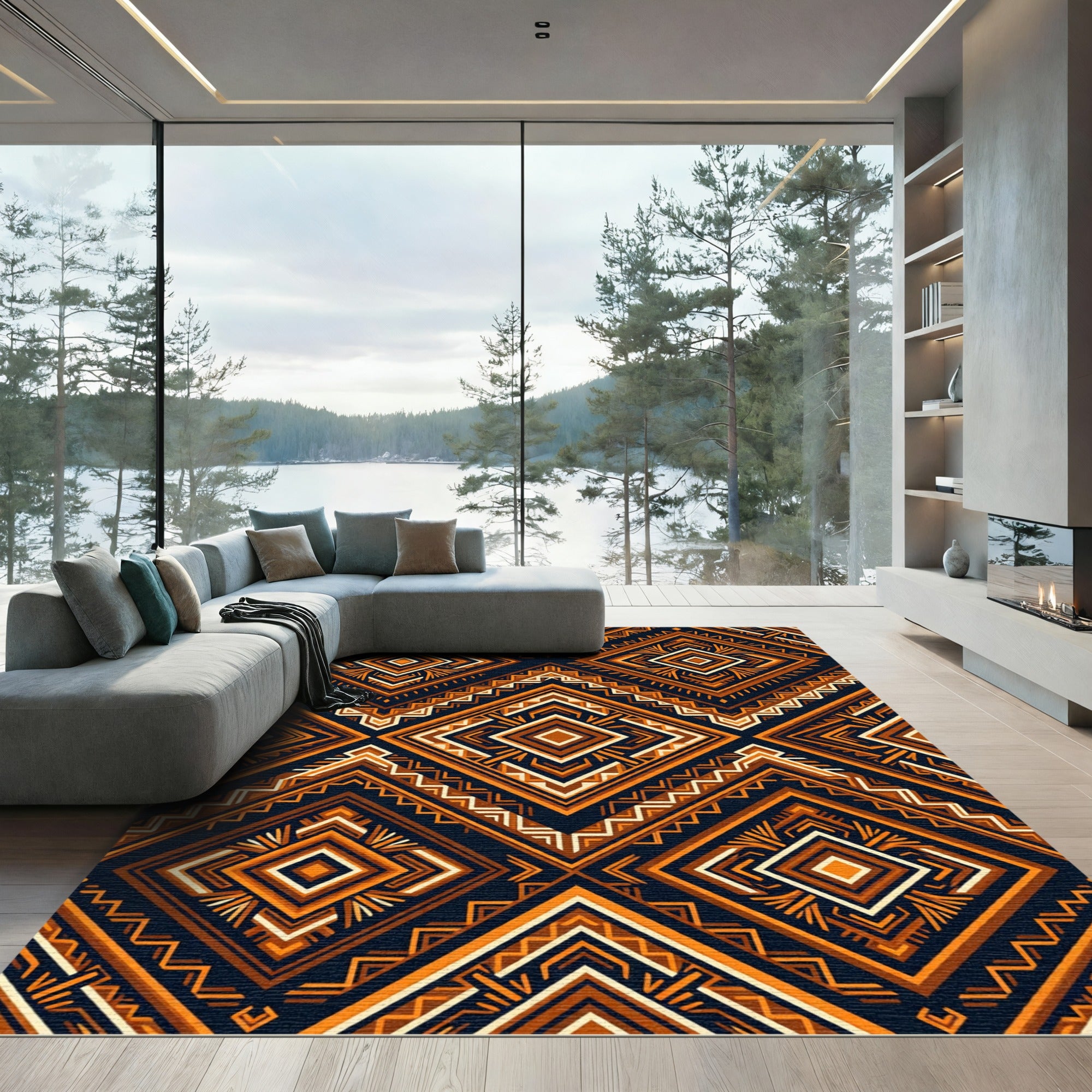 Bold Amber Geometric Tribal Diamond Rug