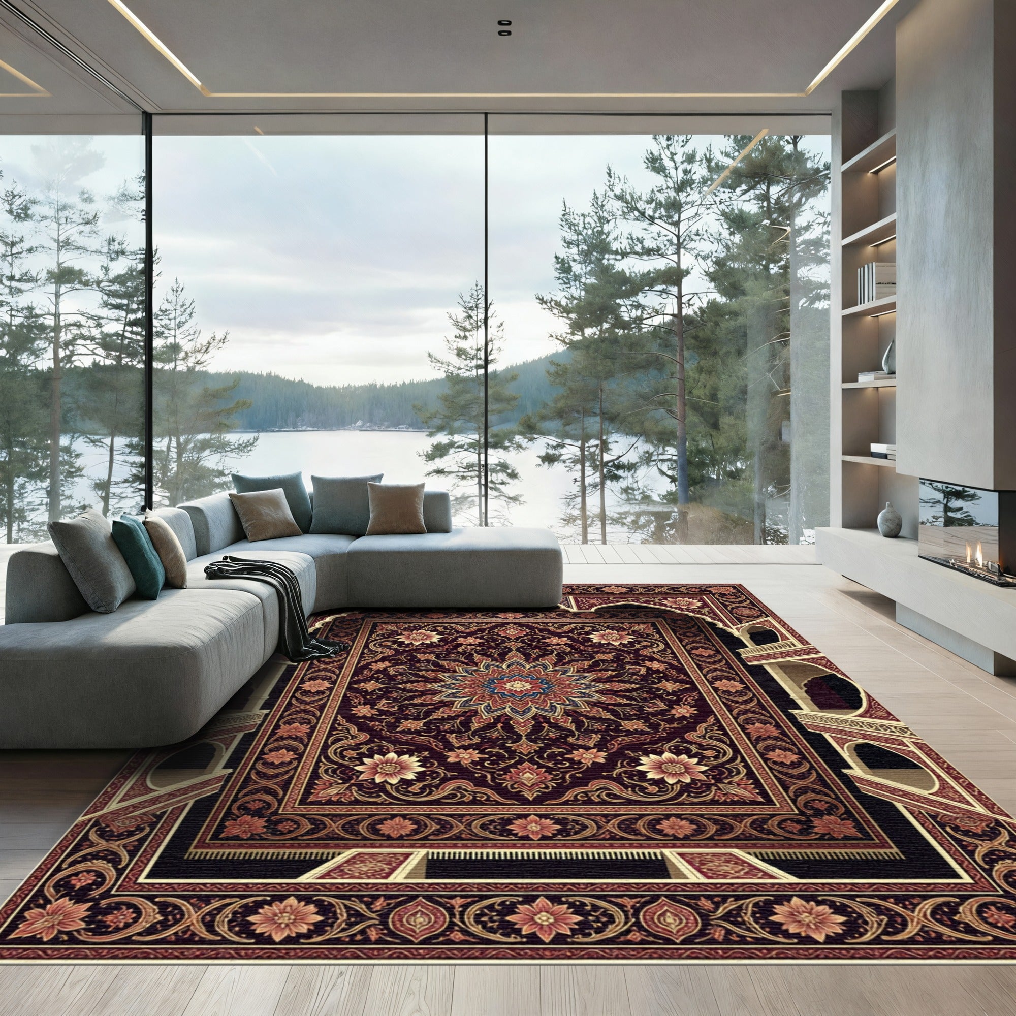 Deep Crimson Floral Aubusson Rug