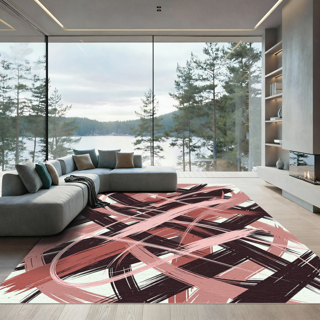 Crimson Blush Abstract Brushstroke Rug