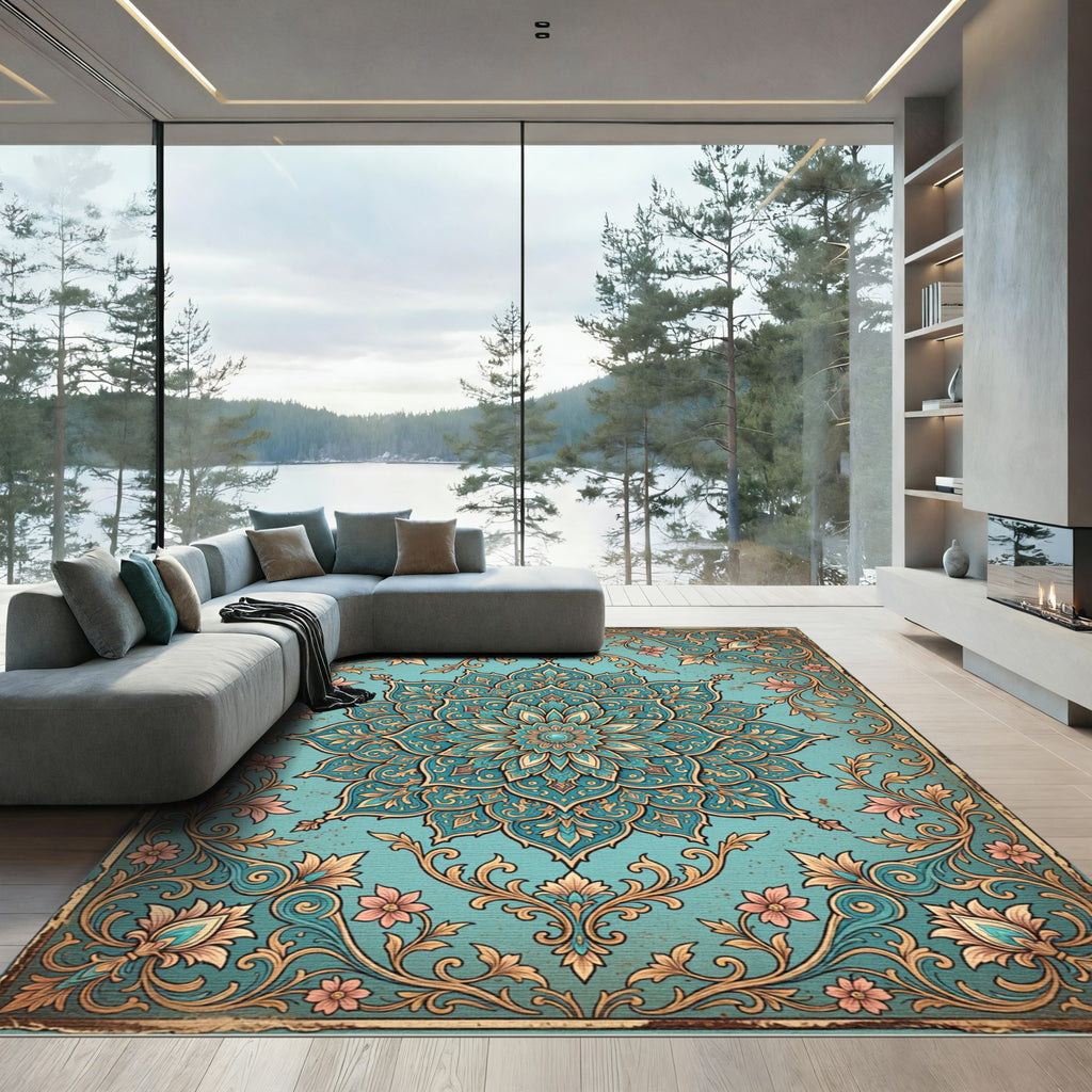 Teal Floral Medallion Ornate Scrollwork Rug