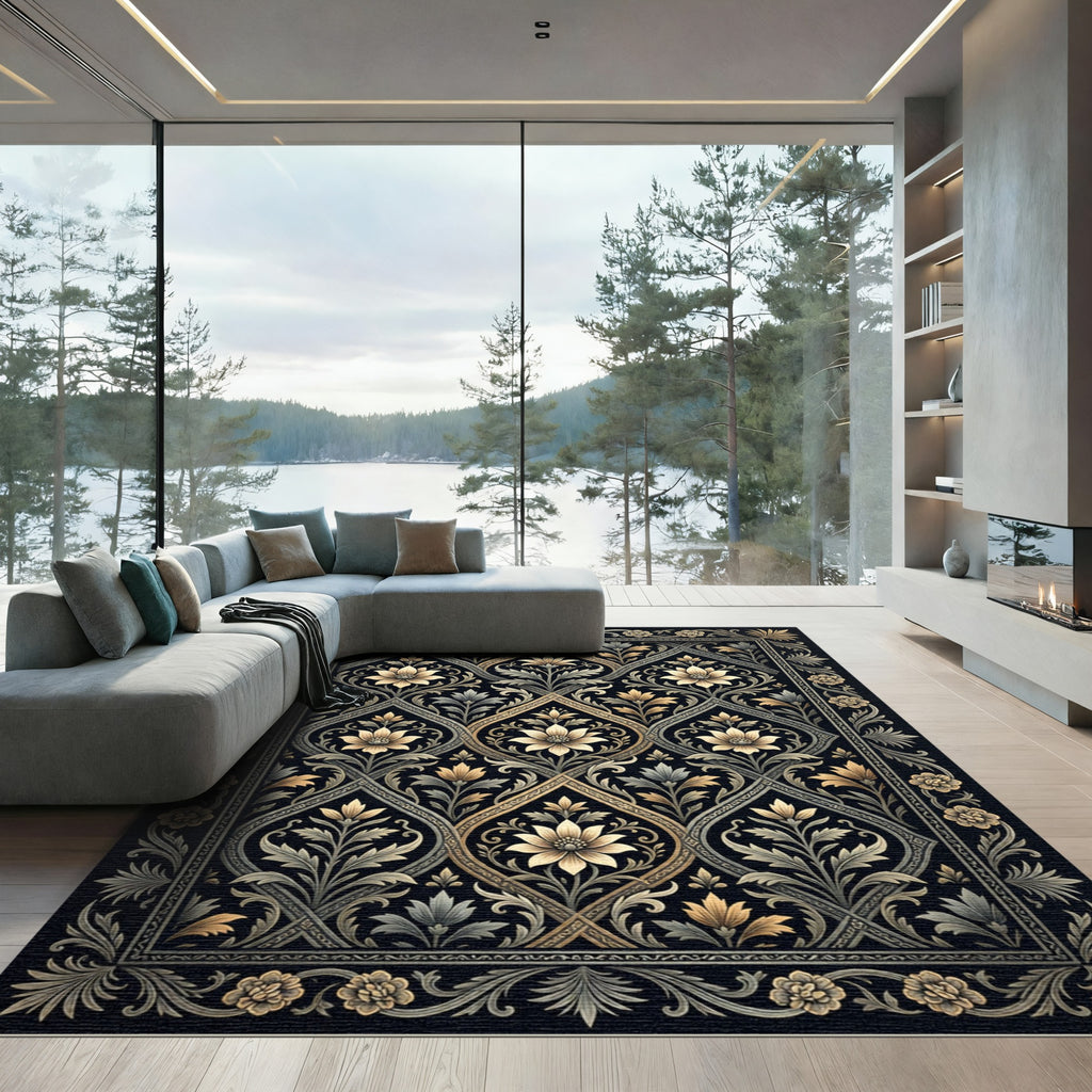 Elegant Gold Floral Trellis Damask Rug