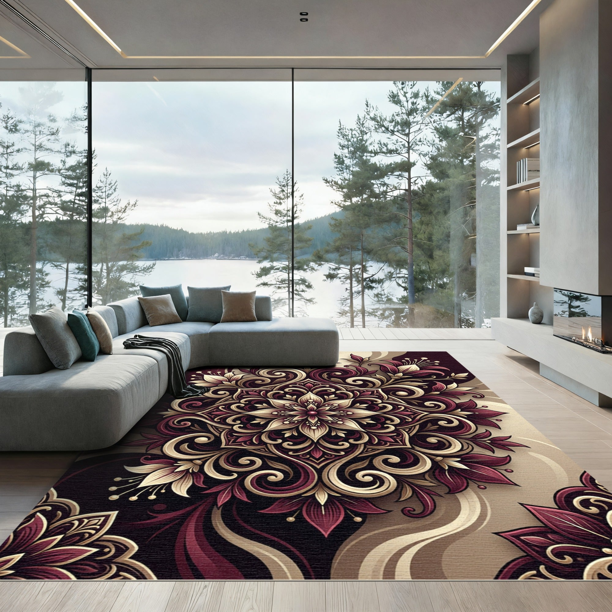 Rich Burgundy Floral Swirl Mandala Rug