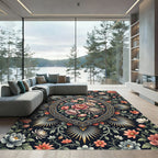 Dark Floral Blossom Medallion Imprint Rug