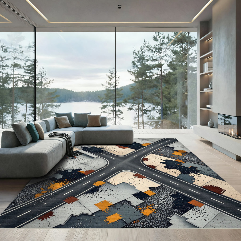 Urban Intersection Asphalt Geometric Rug