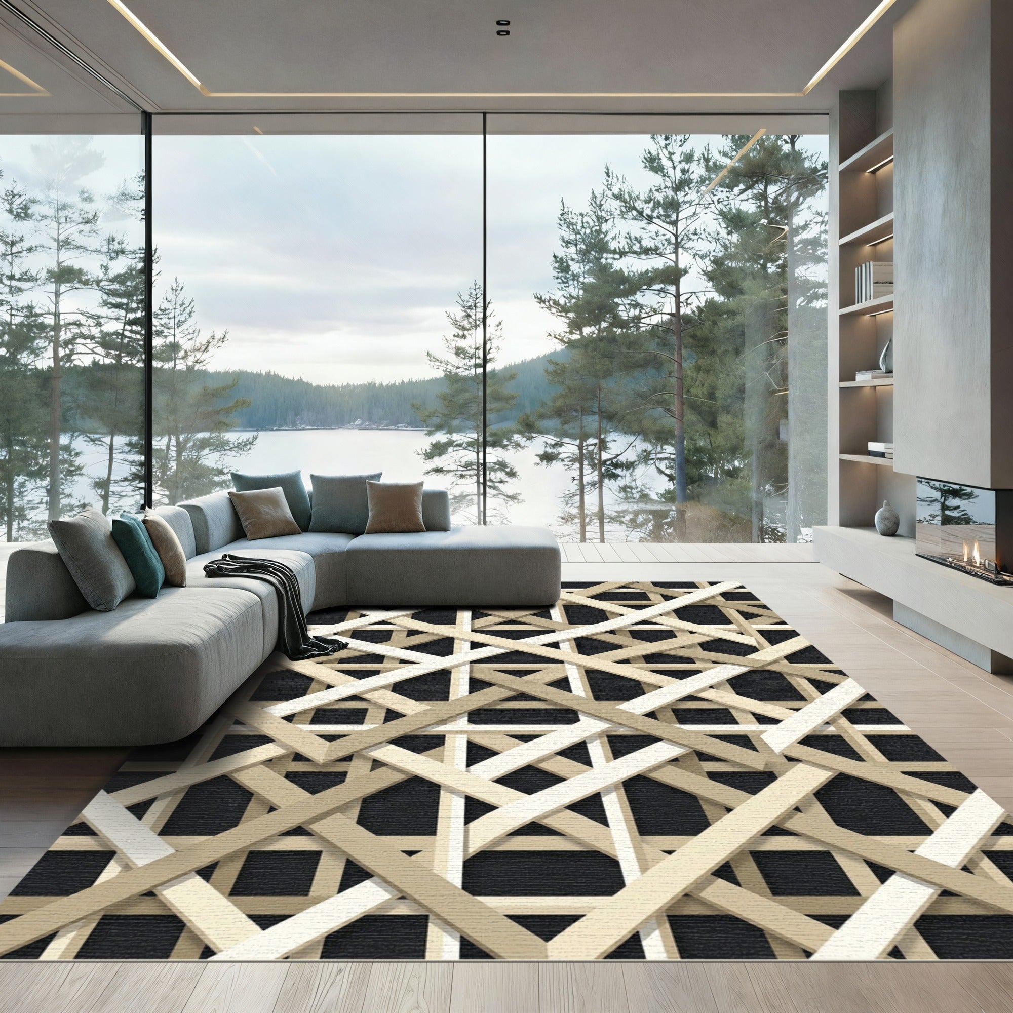 Neutral Interwoven Geometric Lines Light Beige Rug
