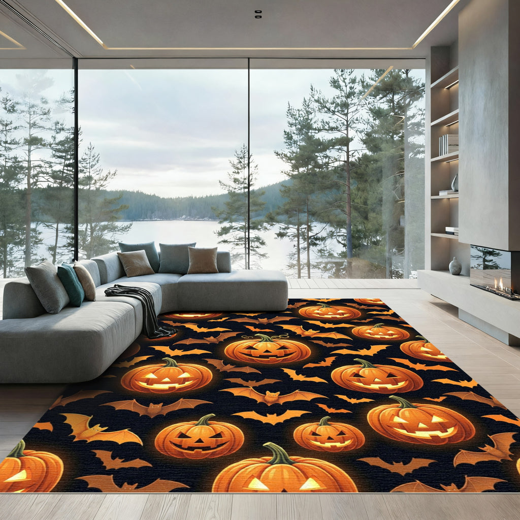 Glowing Orange Jack O Lantern Bat Rug