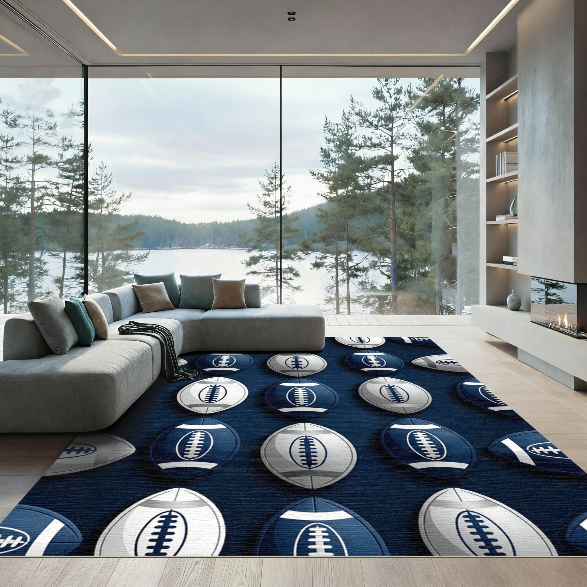 Navy Blue White American Football Grid Rug
