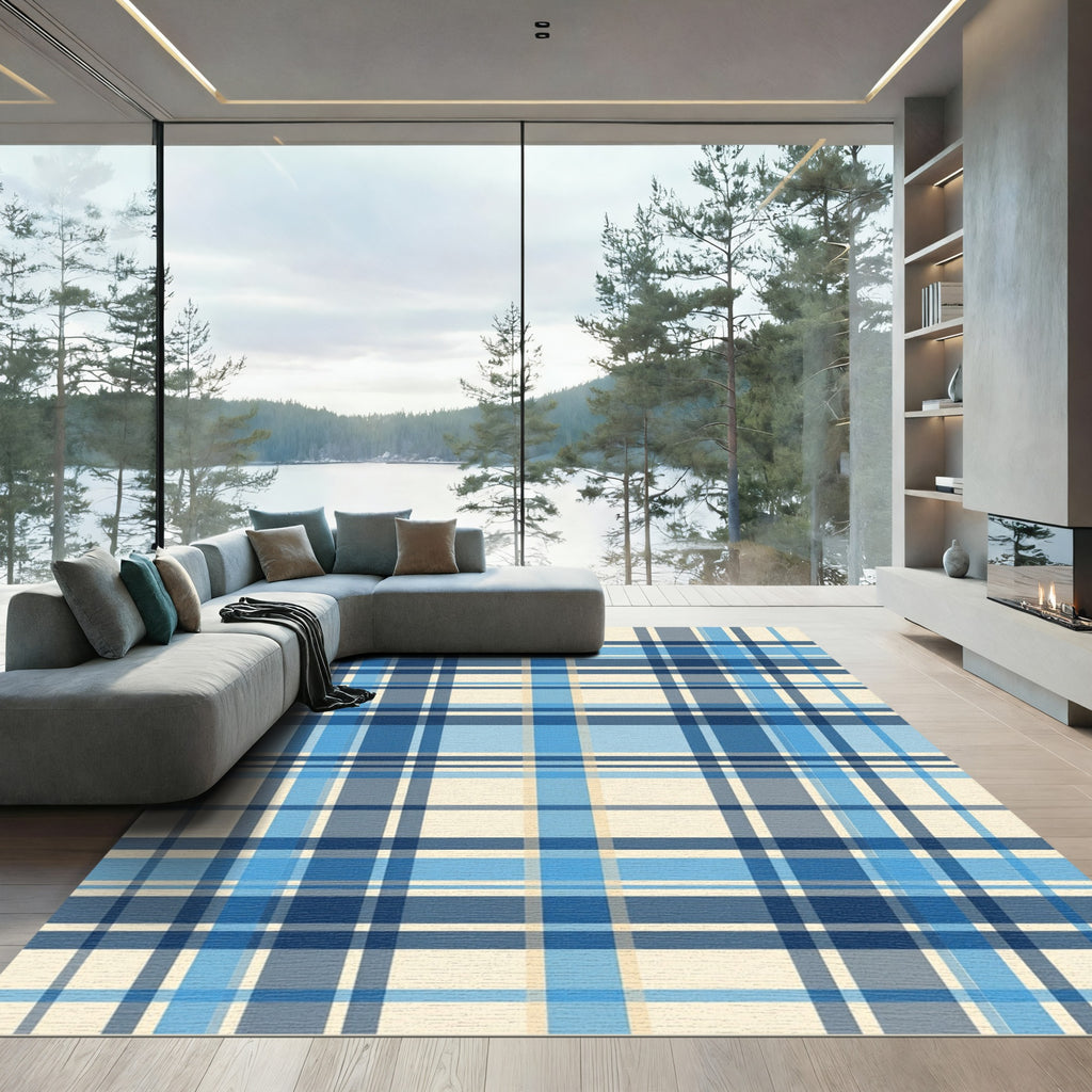 Navy Blue Cream Plaid Checkered Rug