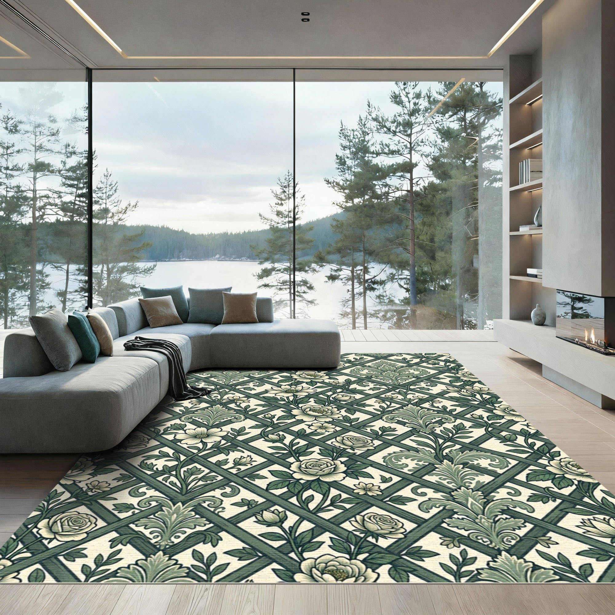 Sage Green Floral Trellis Damask Rug