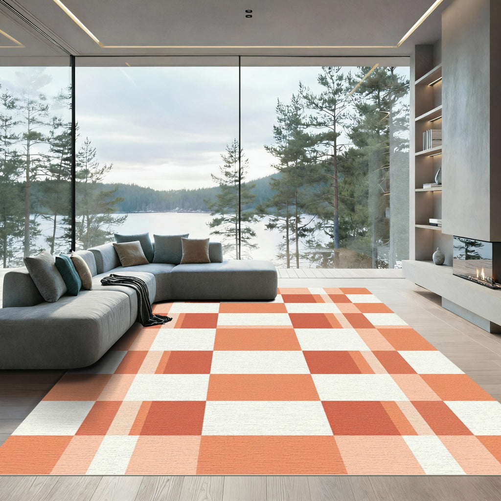 Modern Burnt Orange Grid Checkered Rug