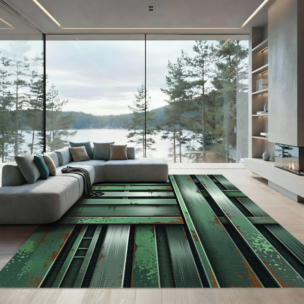 Green Rusty Metal Texture Stripes Rug