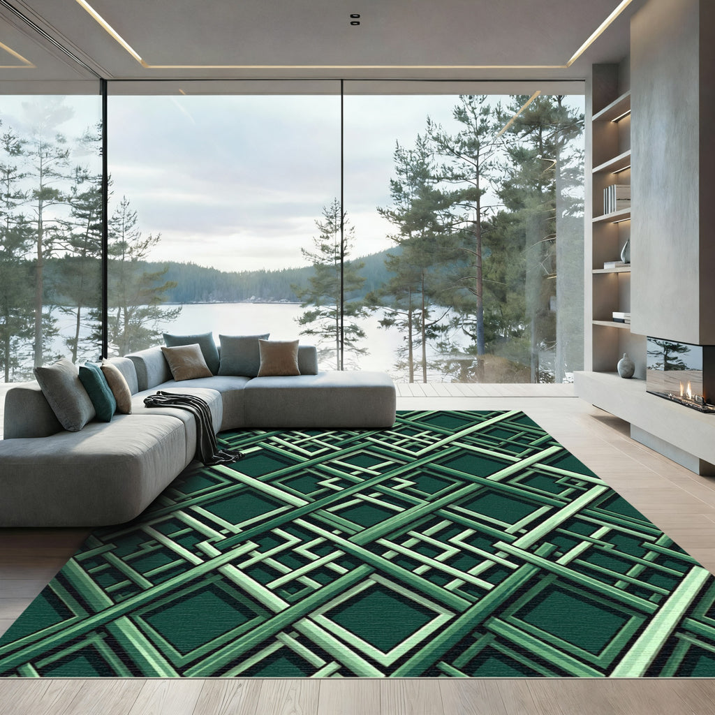 Geometric Emerald Interlocking Square Art Rug