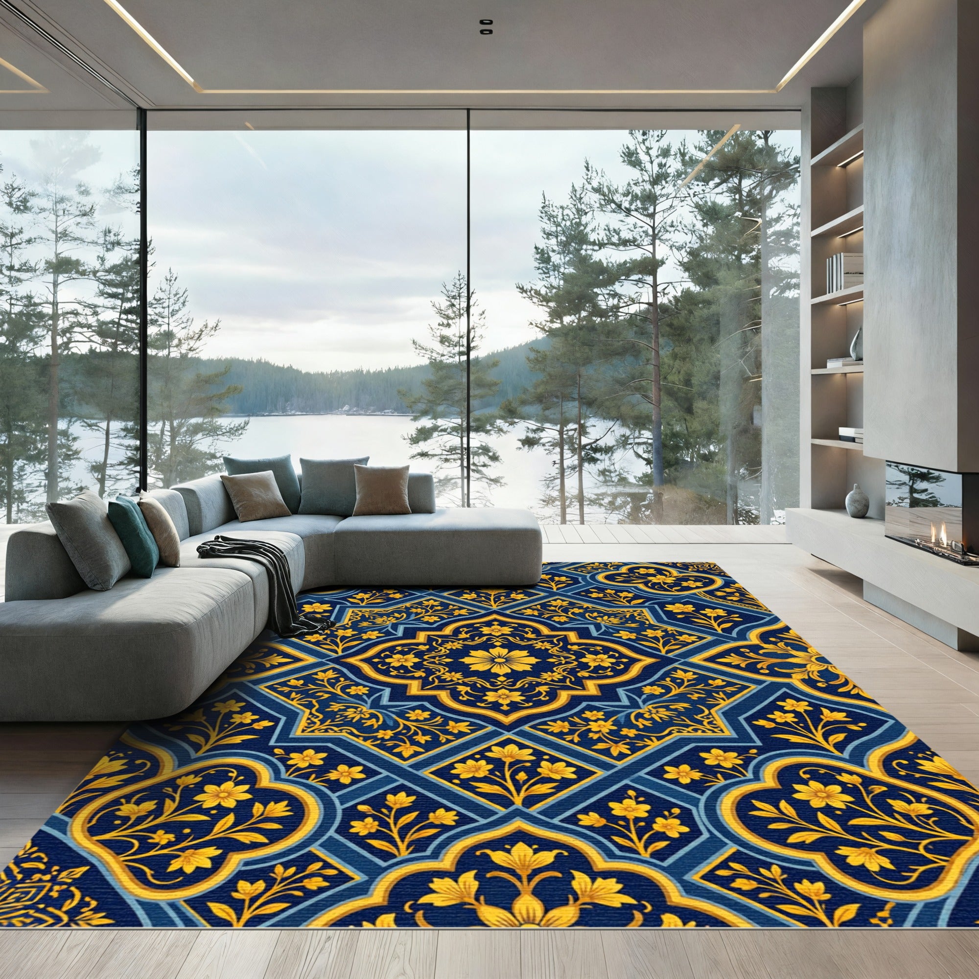 Deep Blue Golden Floral Geometric Arrangement Rug