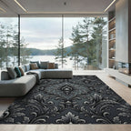 Elegant Black Silver Damask Scroll Rug