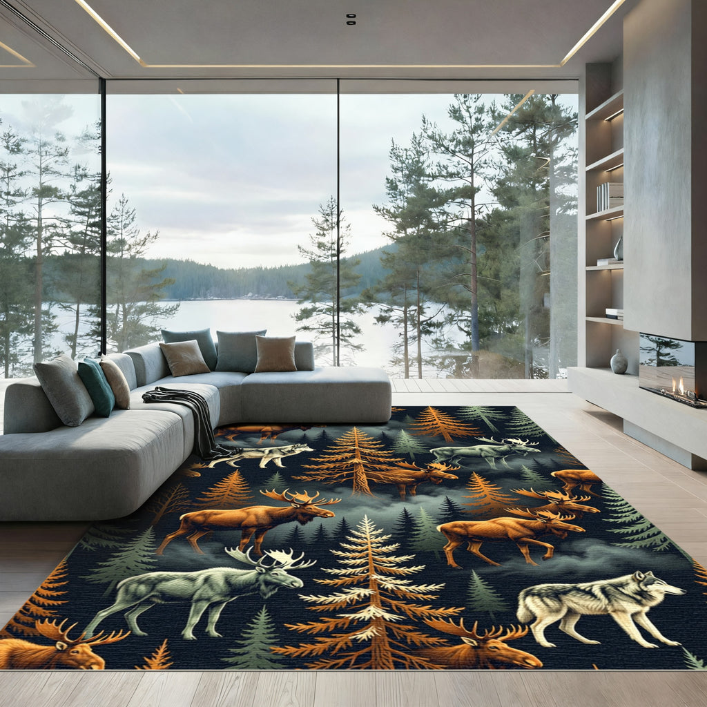 Moody Forest Moose and Wolf Wilderness Rug