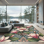 Elegant Pink Magnolia Floral Damask Wallpaper Rug
