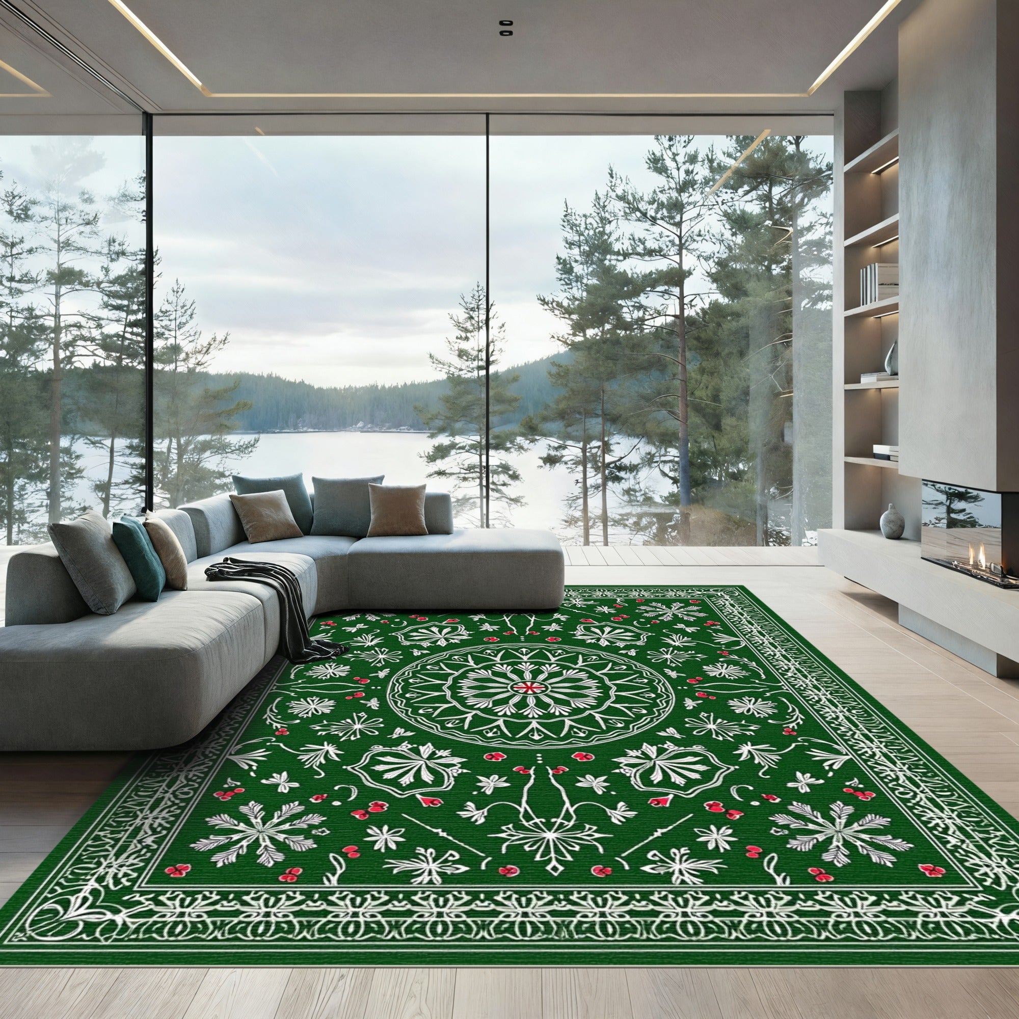 Deep Forest Green Floral Medallion Rug