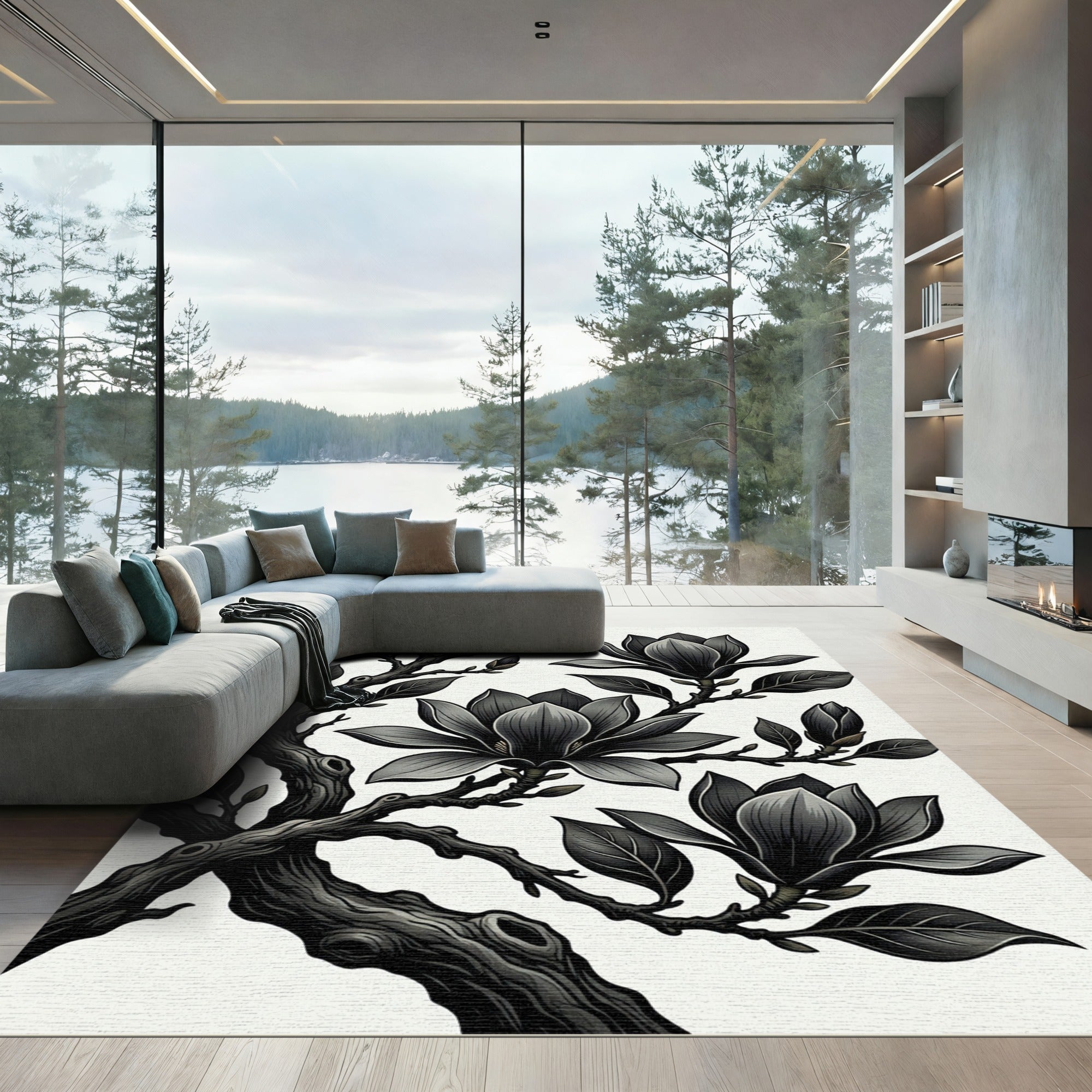 Elegant Black Magnolia Branch Botanical Rug