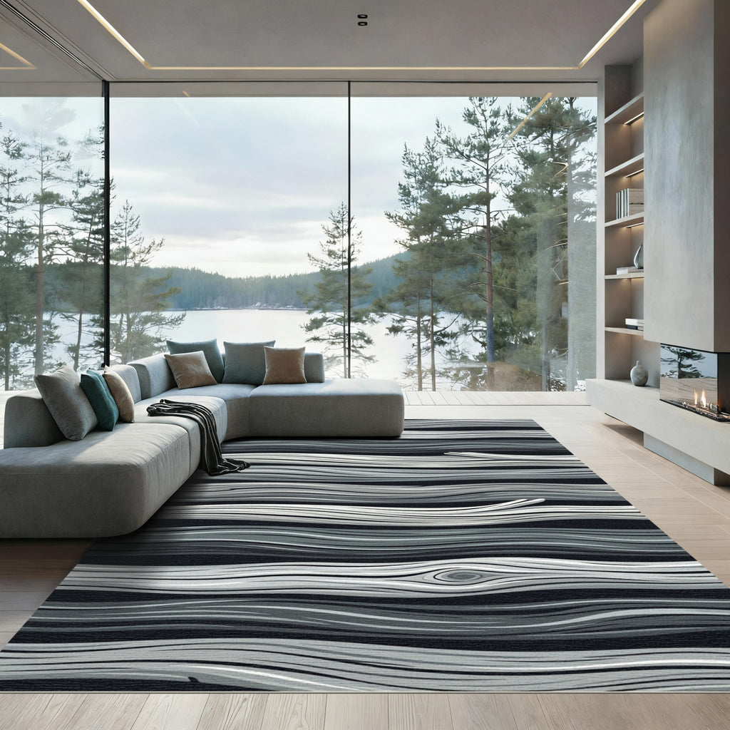 Monochrome Gray Wavy Grain Wood Texture Rug
