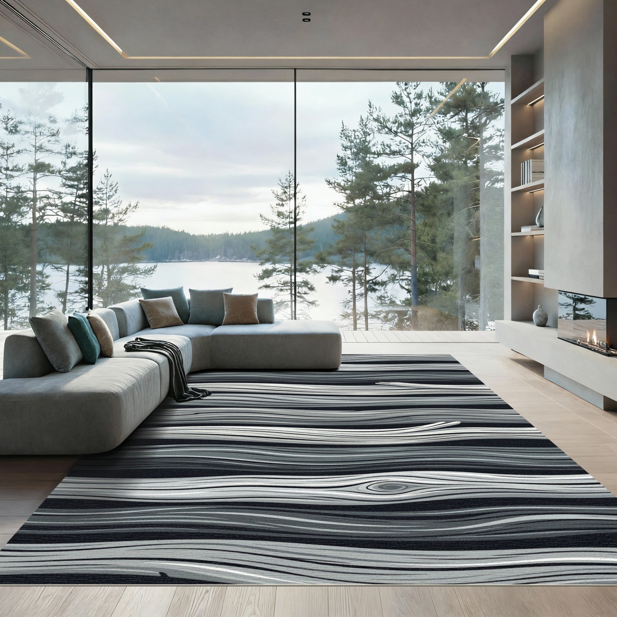 Monochrome Gray Wavy Grain Wood Texture Rug