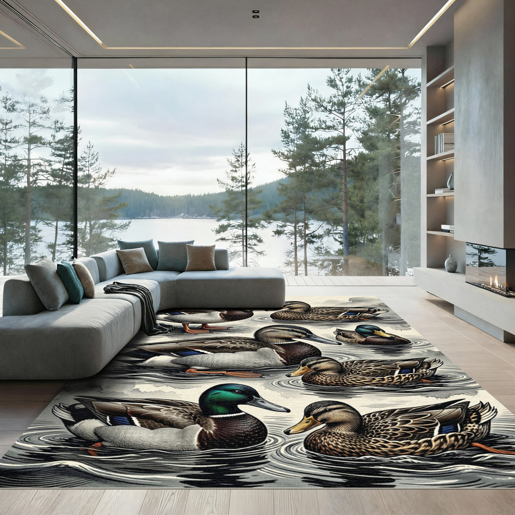 Placid Mallard Duck Pond Illustration Rug