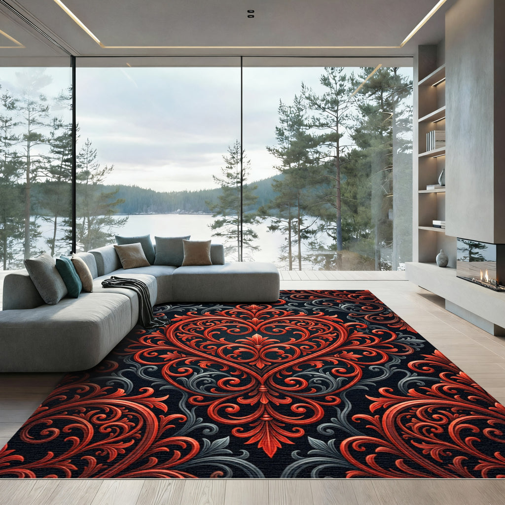 Ornate Red Scrollwork Floral Heart Rug