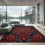 Ornate Red Scrollwork Floral Heart Rug