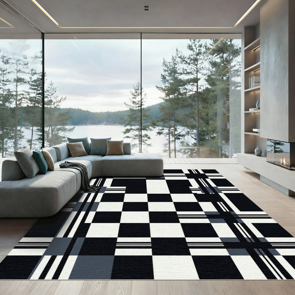 Black White Modern Grid Plaid Rug