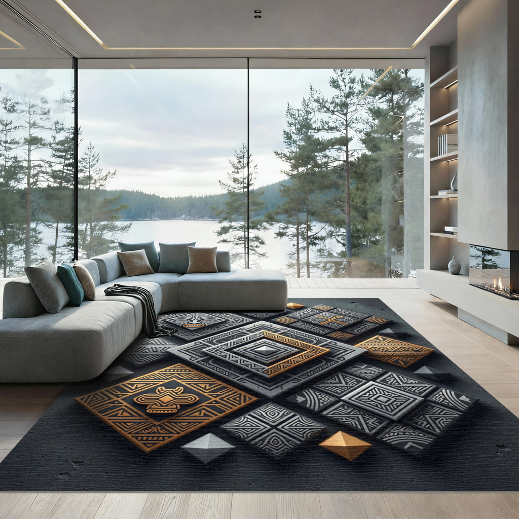 Geometric Tribal Face Gold Inlay Diamonds Rug