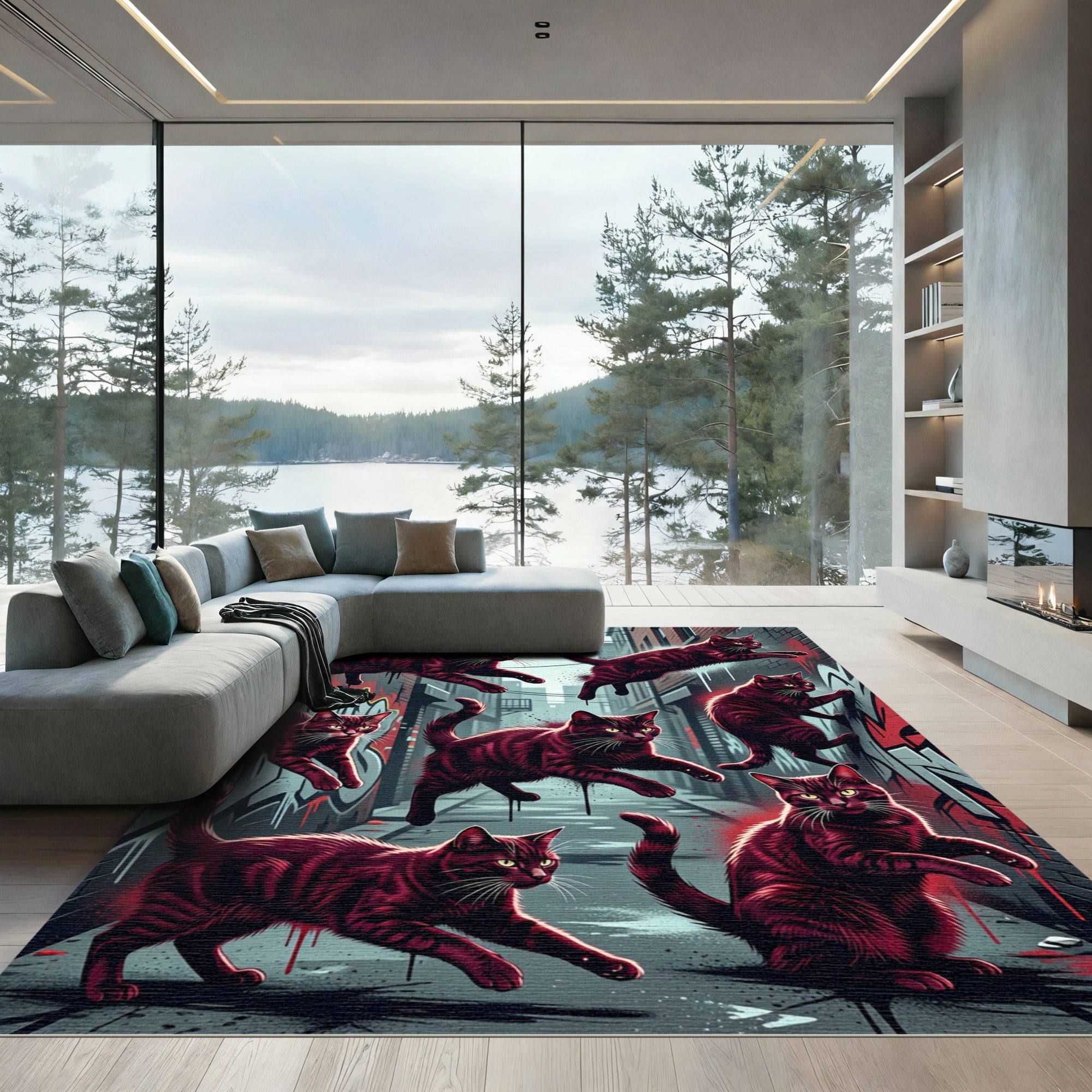 Graffiti Alley Crimson Cat Collage Rug