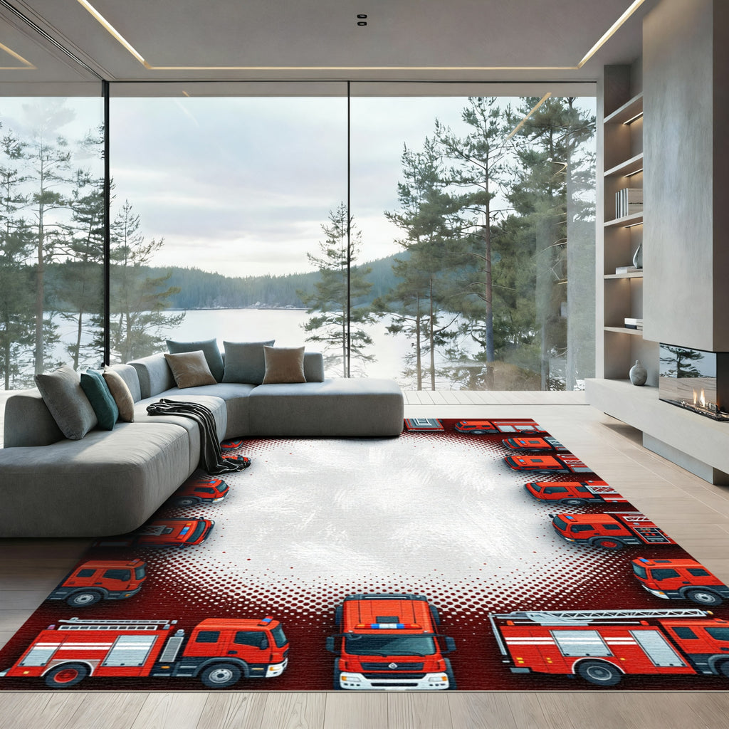 Vibrant Red Fire Truck Circular Border Rug