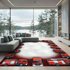 Vibrant Red Fire Truck Circular Border Rug